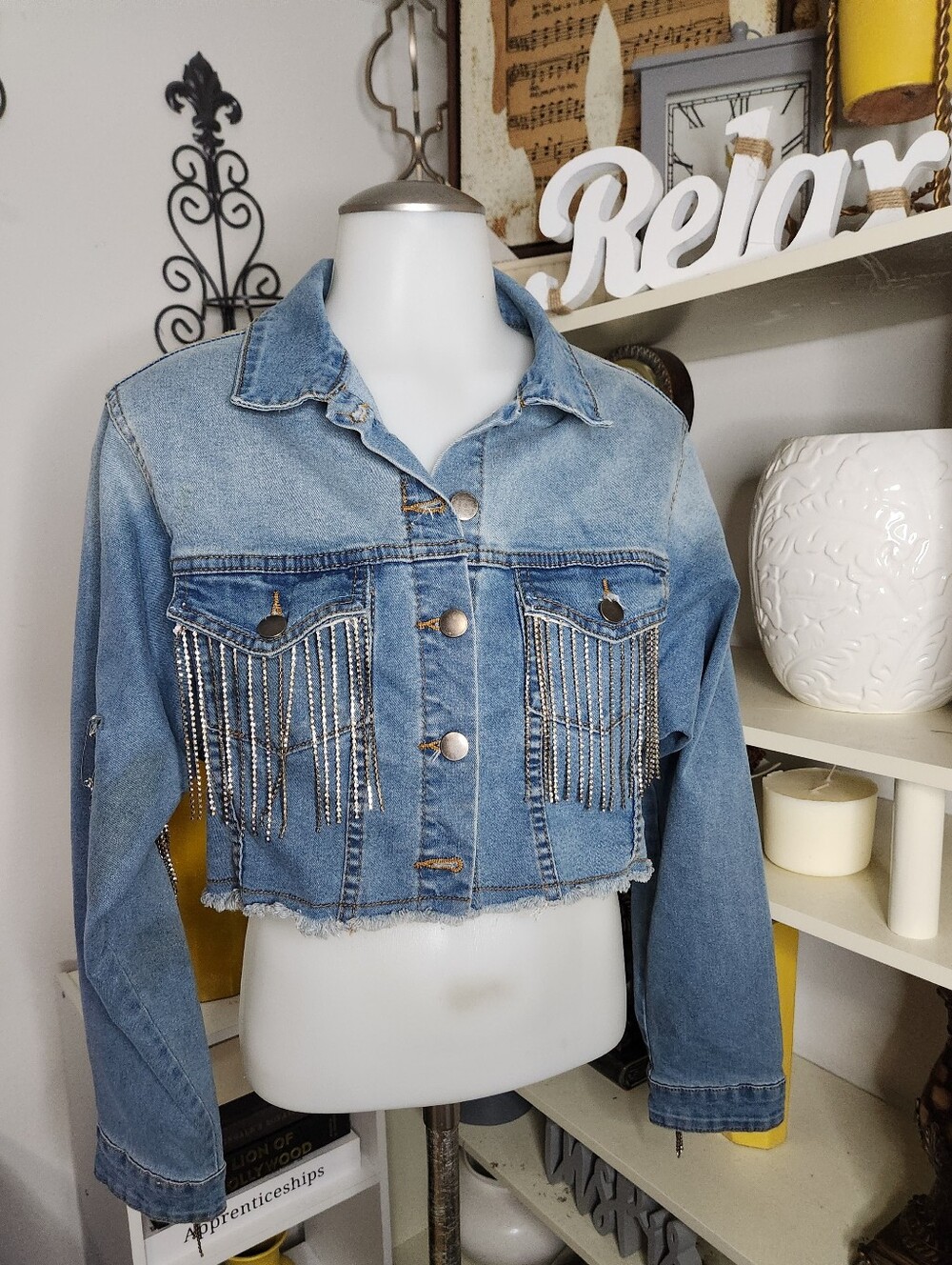 Rhinestone Fringe Cropped Denim Jacket - Blue Created By #ReDeSignedByMarcie